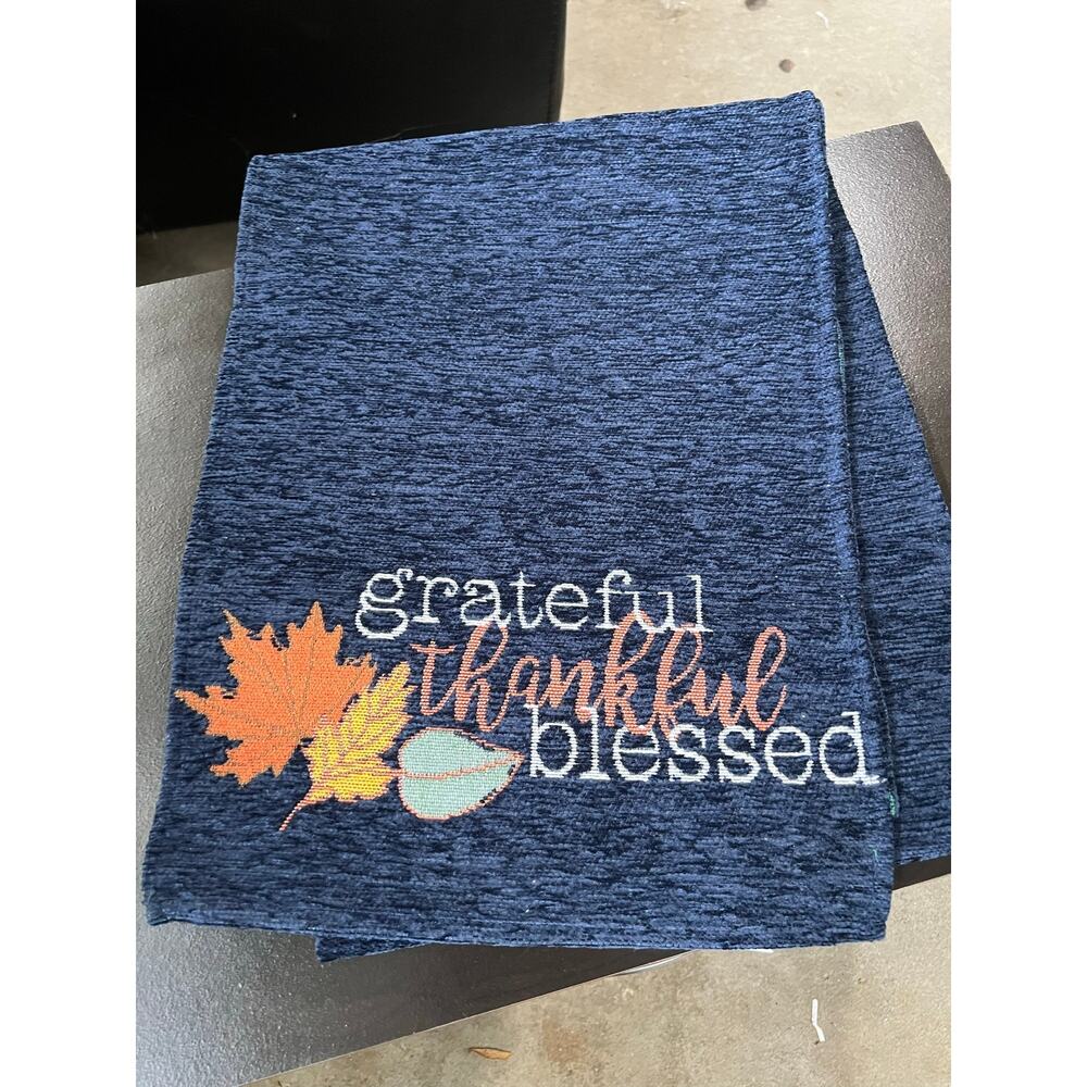 EMBROIDERED FALL NAVY BLUE GRATEFUL THANKFUL BLESSED TABLE RUNNER EUC 13"X72"